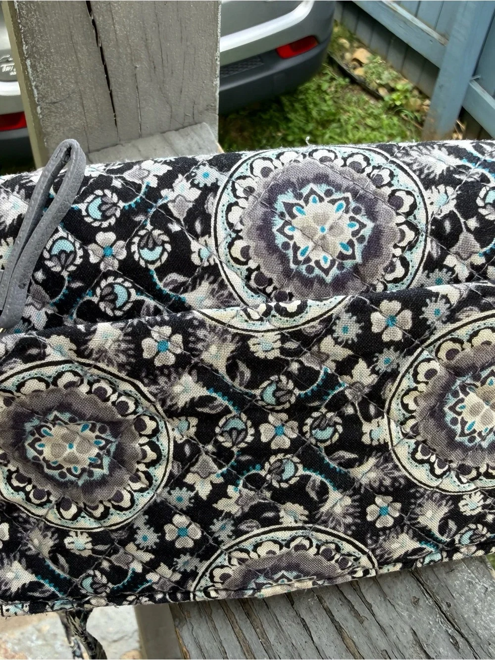 Vera Bradley Black Medallion Quilted Wristlet Crossbody with Teal Accents
